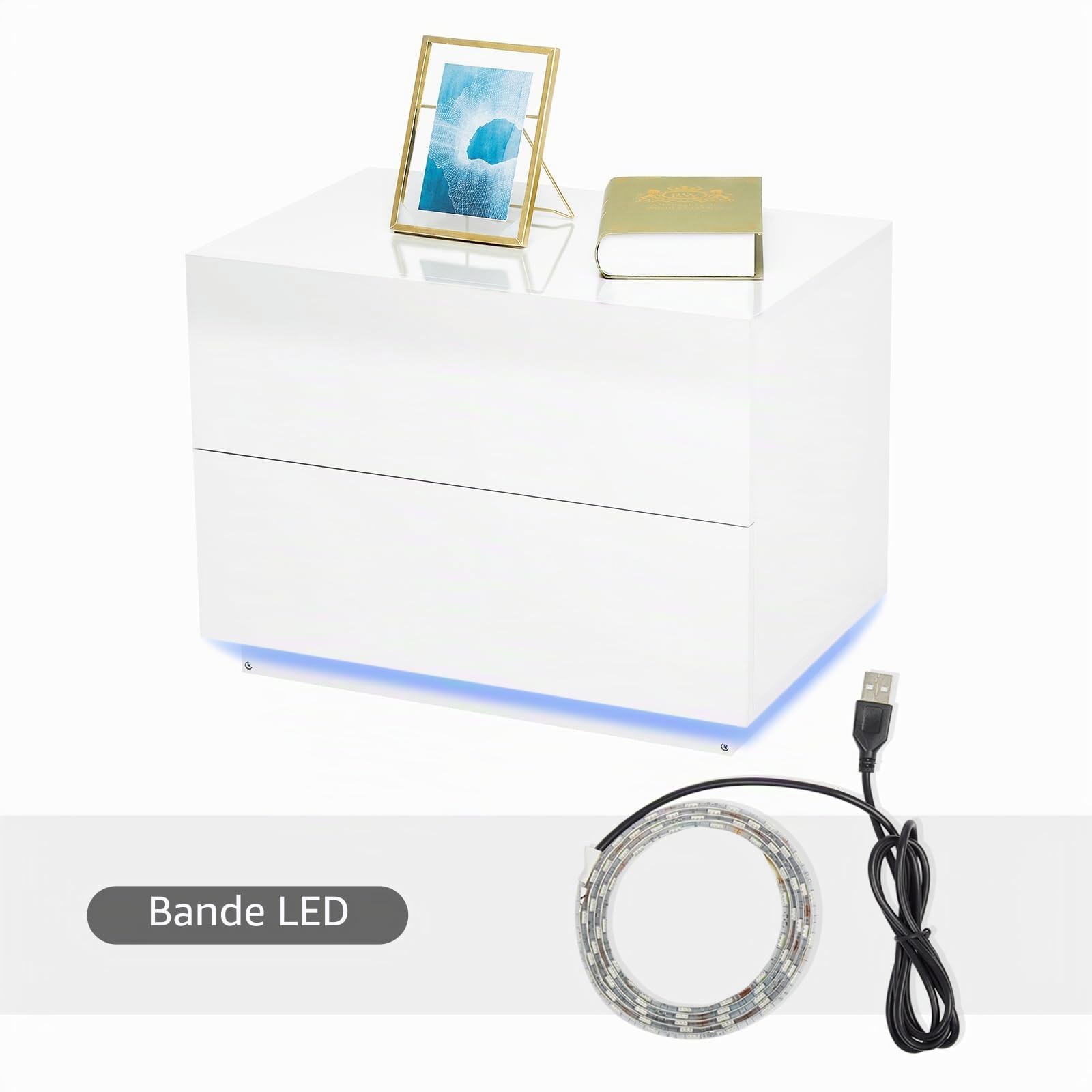 Mondeer Meerviel - Table de Chevet - LED Meuble de Rangement avec 2 Tiroirs Haute Brillante USB Lumineuse pour Chambre Salon 60x39x45cm (Blanc)
