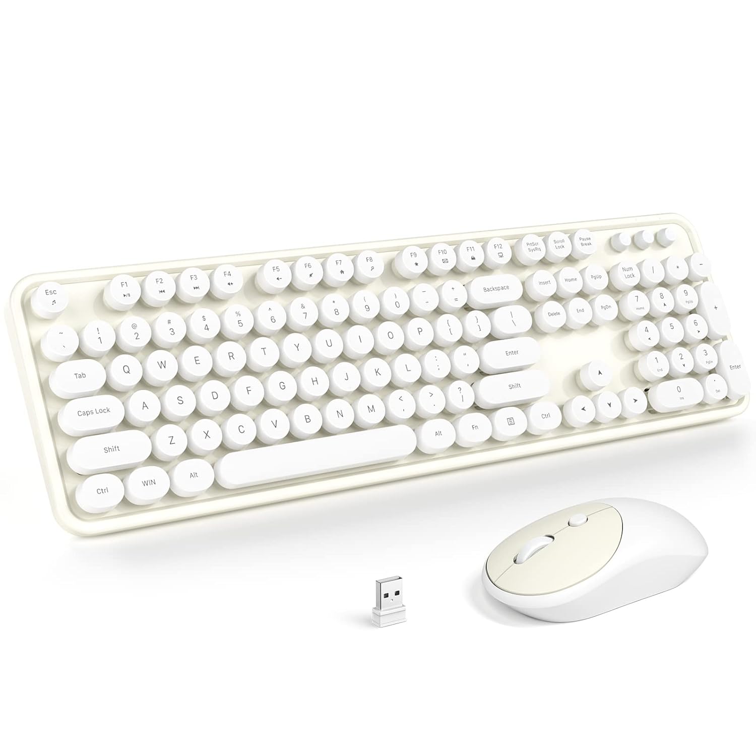 KNOWSQT Wireless Keyboard and Mouse Combo – White-Milky Full-Sized 2.4 GHz 104 Keys Typewriter Cute Keyboard, Round Keycap and Optical Mouse for Windows, Computer, PC, Laptop, Desktop