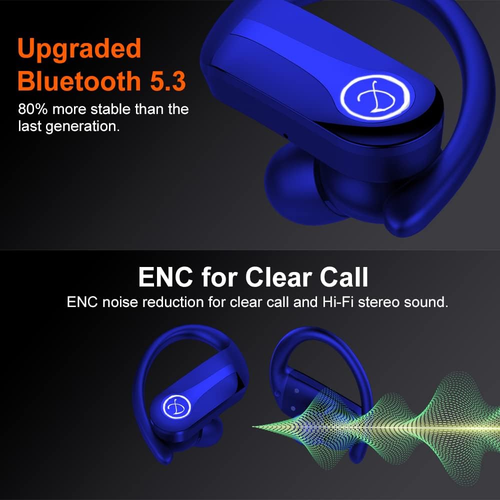 Bluetooth 5.3 Headphones, Wireless Earbud Sports, Bluetooth Earbud with Mic, in Ear Wireless Earphones Noise Cancelling Headphones, Ear Buds with Earhooks IP7 Waterproof 45H for Sport, dark blue