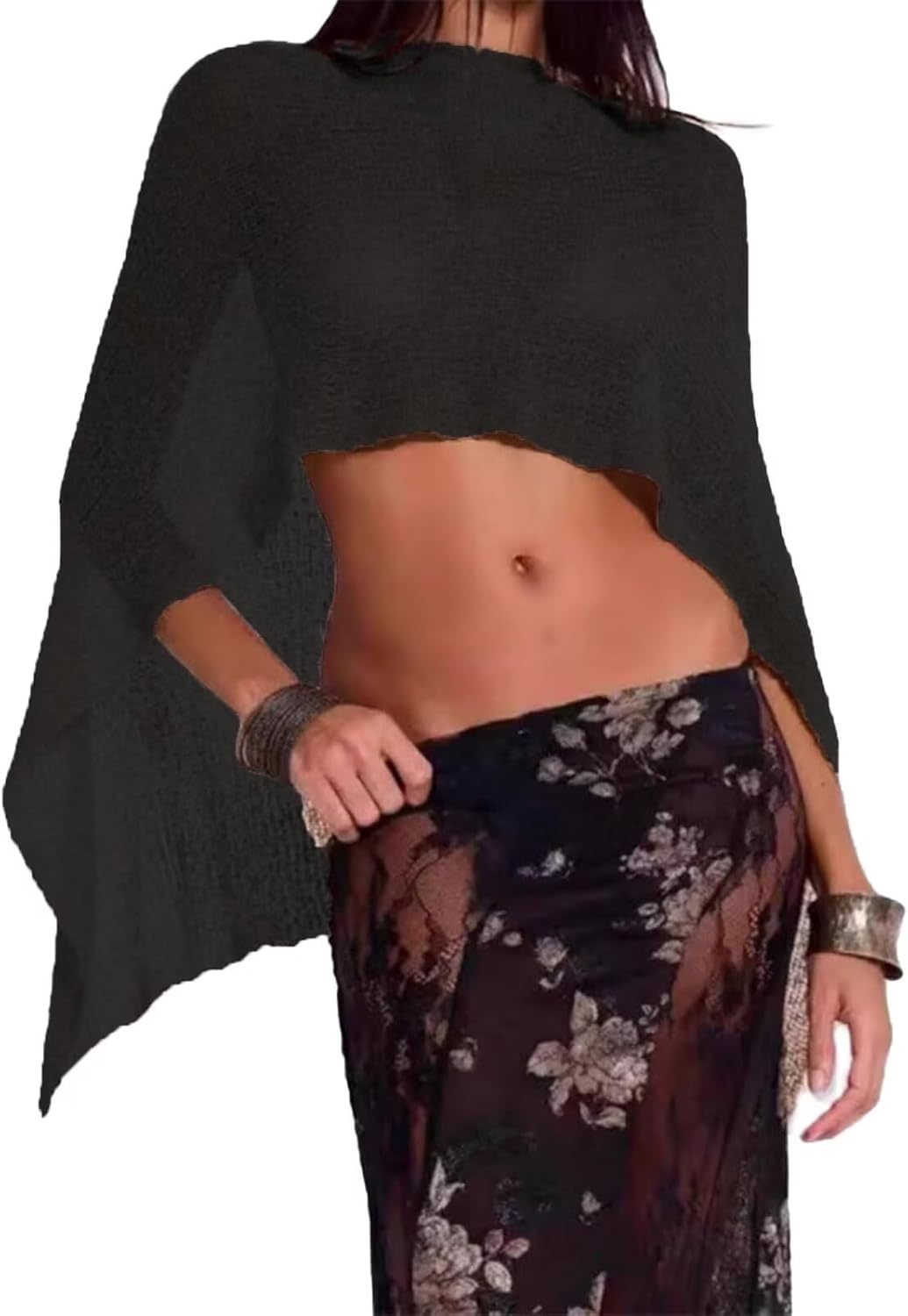 Moss Rose Women's Sheer Poncho Lightweight Knit Crochet Cover Up Batwing Sleeve Shrug Bolero Mesh Top Beachwear Sweater