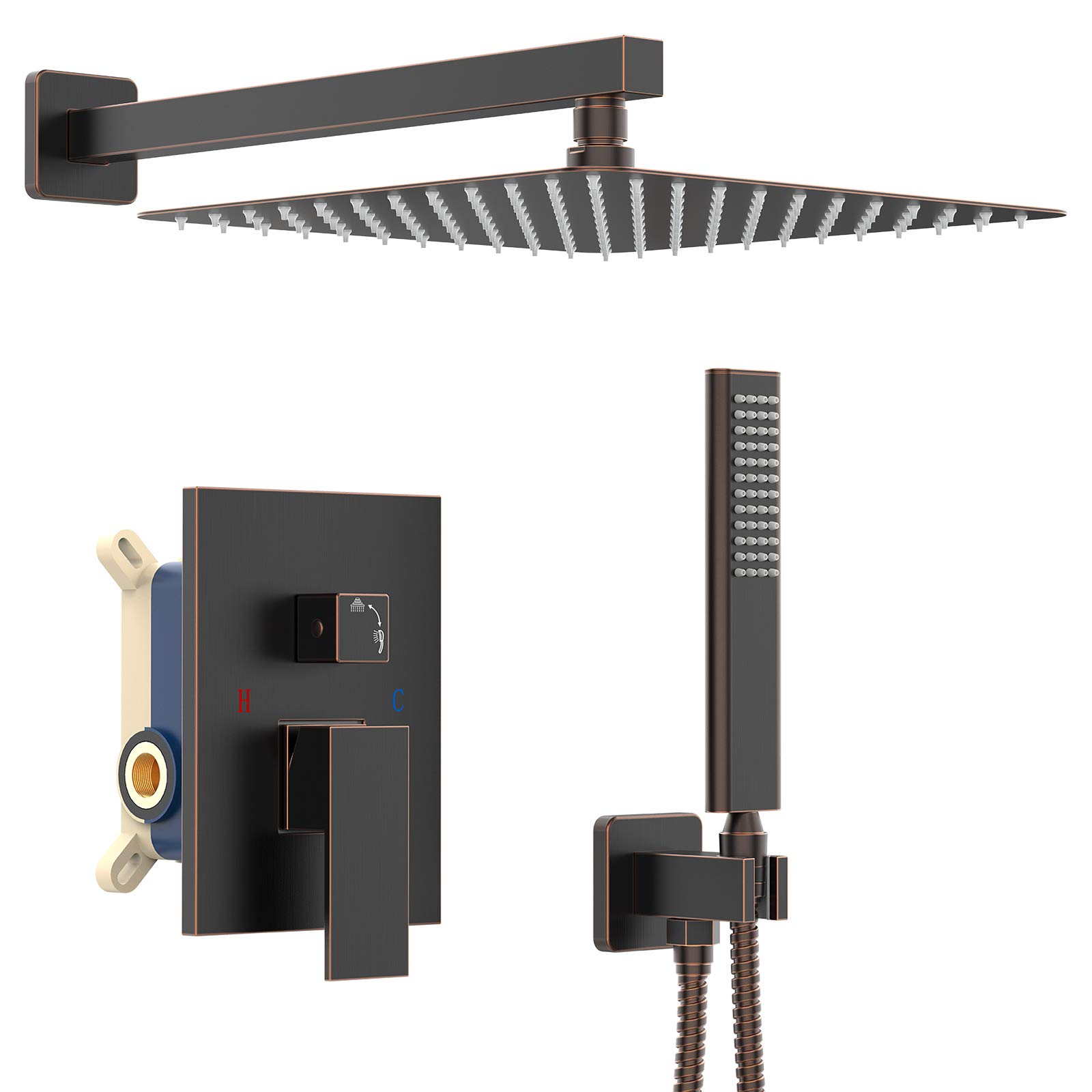 IRIBER Oil Rubbed Bronze Shower System with 12 Inch Square Shower Head and Handheld Bathroom Rainfall Wall Mounted Shower Faucet Set Contain Shower Faucet Mixer Valve and Trim Kit (Valve Included)