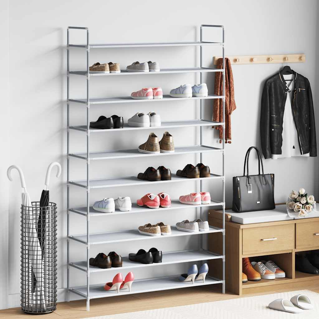 Zapatero con 10 estantes de metal y tela no tejida plateada, ahorra espacio para pasillo y pasillo, zapatero estrecho con marco tubular resistente, organizador apilable y resistente al polvo