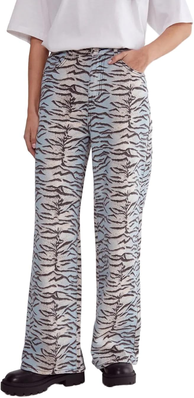 Nasty Gal Women's Tiger Print Denim Wide Leg Jean