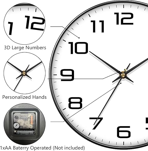 Miniatura 6 de Reloj de pared moderno de 8 pulgadas que funciona con pilas, reloj analógico de cuarzo silencioso sin tictac con números grandes, reloj de pared
