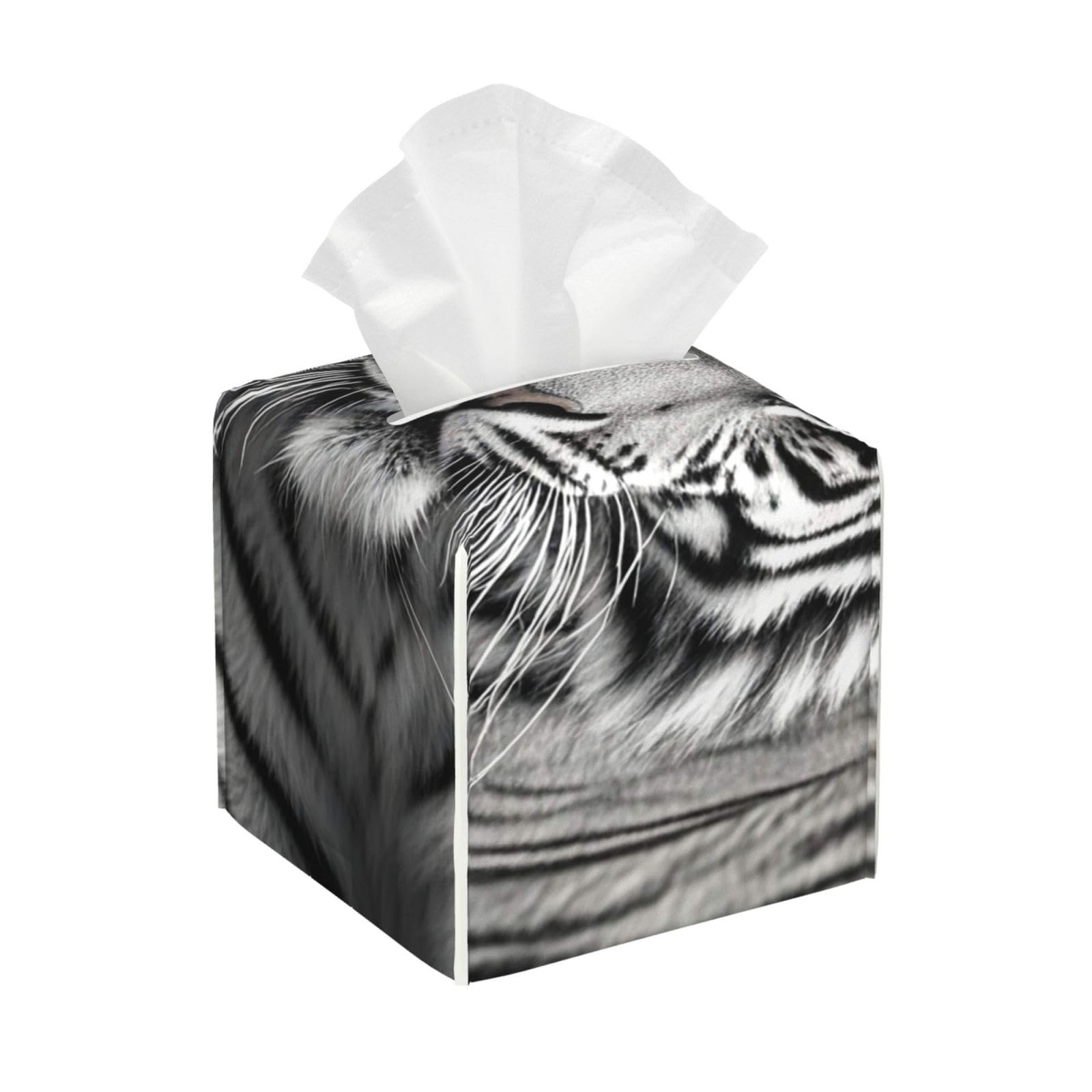 Pu Leather Cube Tissue Box Holders Modern Waterproof Square Tissue Box Cover Black and White Tiger Facial Paper Holder for Bathroom Kitchen Nightstand Office Home Decor