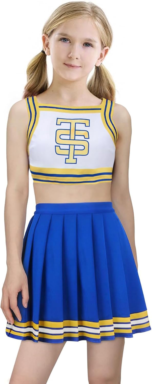 Yruiz Girls Halloween Cheerleader Costume Uniform Crop Top with Skirt Outfit 3-4Y Blue