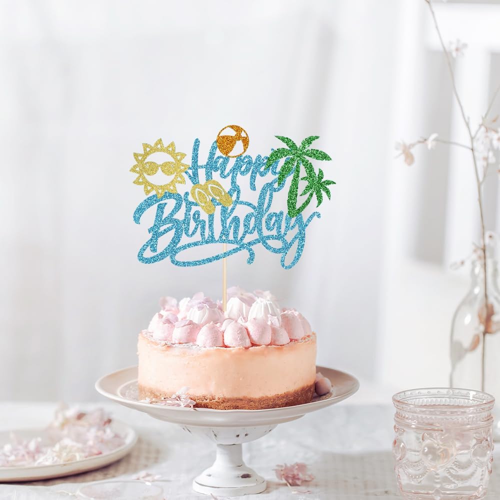 Topper Per Torta Hawaiano Tropicale Con Glitter - Decorazione Con Sole, Palma E Infradito - Tema Estate E Baby Shower - 1 Pezzo, Cartone Lucido Resistente
