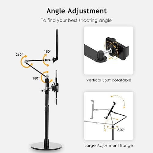 Miniatura 5 de Soporte para tablet con anillo para selfie, LED de 8 pulgadas, 3 en 1, soporte para teléfono y tableta de 4.5 a 13 pulgadas, brazo largo ajustable,