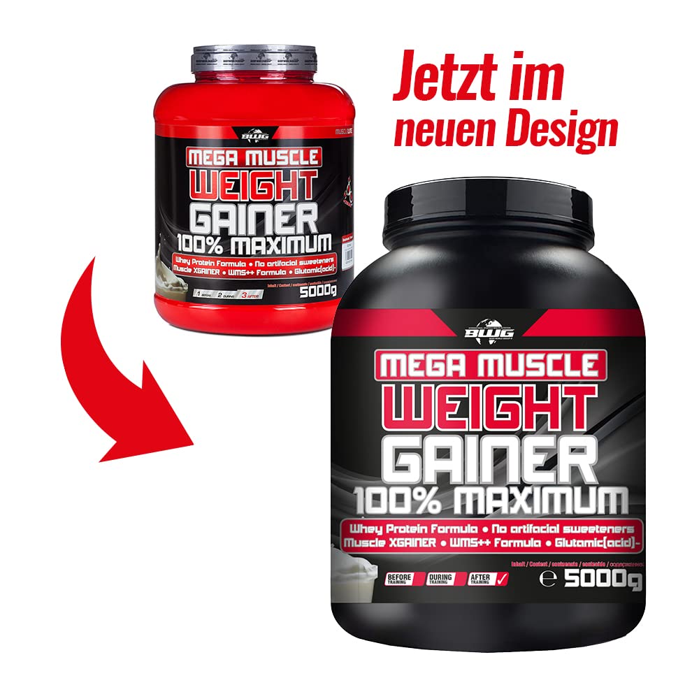 BWG Mega Muscle Weight Gainer 100% Maximum - perfekt für HardGainer und Massephasen – Kraftaufbau - Mega Cookies & Cream - Dose mit Dosierlöffel - (1x 5000g Dose)