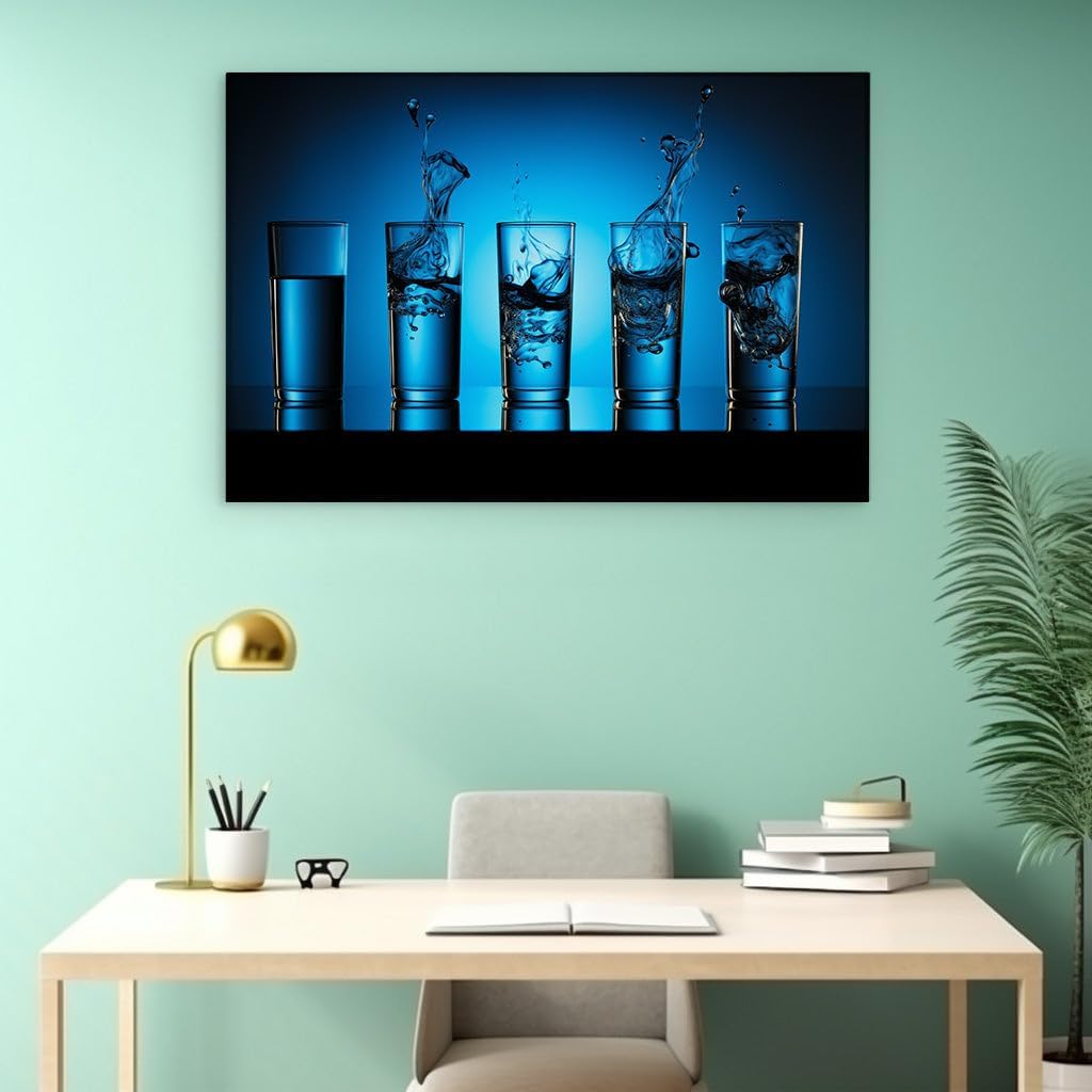 Canvas for Living room. Harmony in Motion: The Fluid Dance of Water Across a Quintet of Glasses, 27 x 18 inch Canvas Wall Art - Contemporary Masterpieces - Modern Home Decor