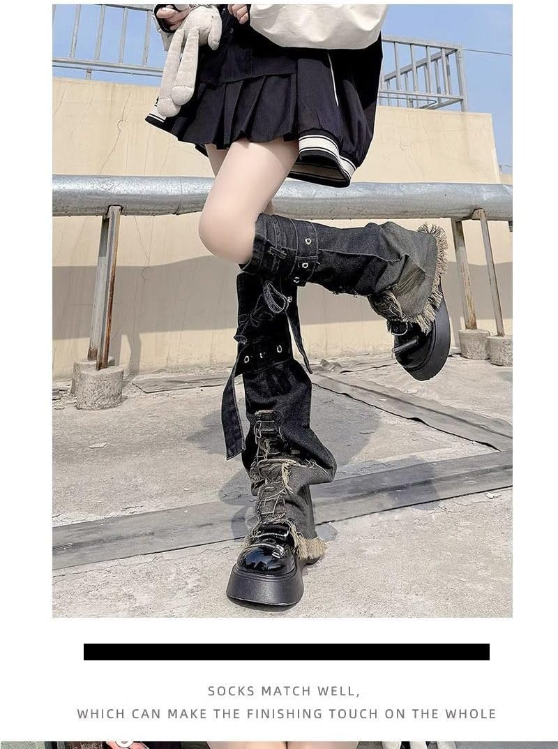 Y2k Denim Leg Warmer with Belt for Girls Women Gothic Punk Starry Streetwear Leg Cover Costume Party Accessory