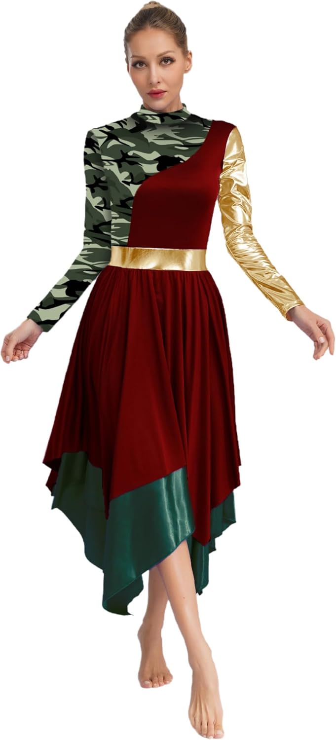 Shinsto Women's Praise Dance Dress Irregular Flowy Skirt Long Sleeve Worship Liturgical Lyrical Dance Costume