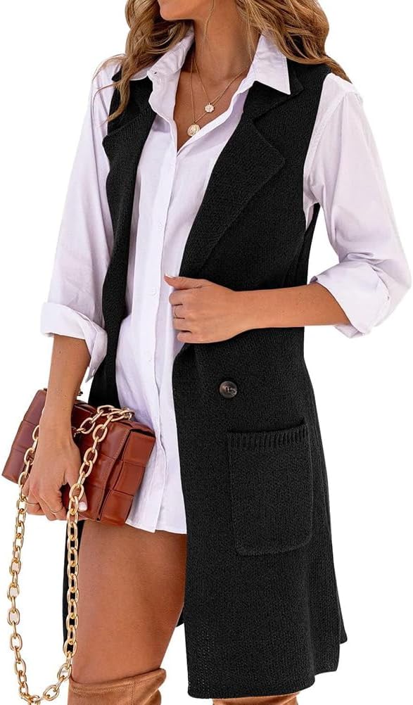 Kinghua Sweater Vest Women Fall Winter Clothes V Neck Button Down Knit Sleeveless Long Cardigan Sweaters with Pockets