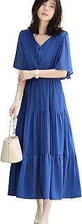 イノ ワンピース レディース ロングワンピース 半袖 フレアスリープ Ⅴネック ハイウエスト 裏地 落ち感 体型カバー 着瘦せ おしゃれ 女性らしい 可愛い 普段着 旅行 カジュアル 夏