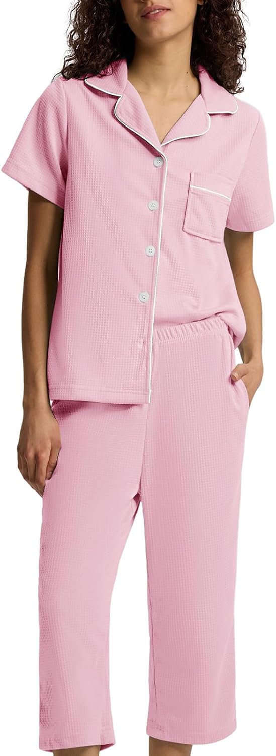 SIORO Capri Pajamas Set for Women, Button Down Sleepwear Short Sleeve Loungewear, Waffle Knit Top with Capri Pants Pjs