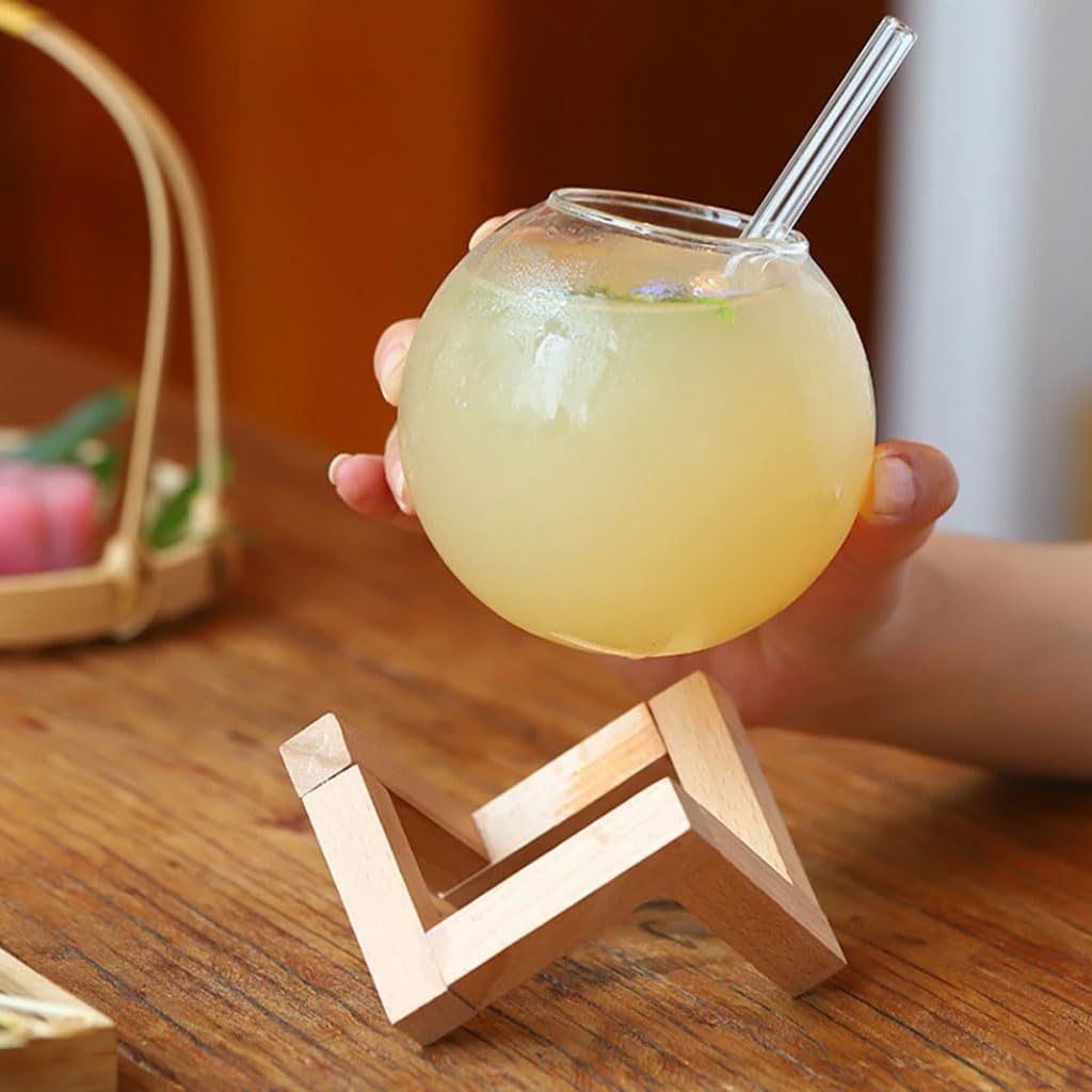 Exquisite Creative spherical glass cup with wooden stand bar glassware beverage glasses clear whiskey cocktail glasses coffee mug Practical