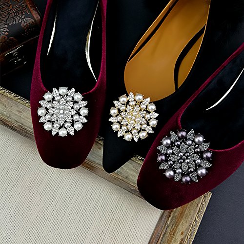 Ruihfas Fashion 2Pcs Stylish Removable Pearl Flower Shoe Clips Crystal Shoe Buckles For Wedding Party Prom (Silver Color) #TOP3