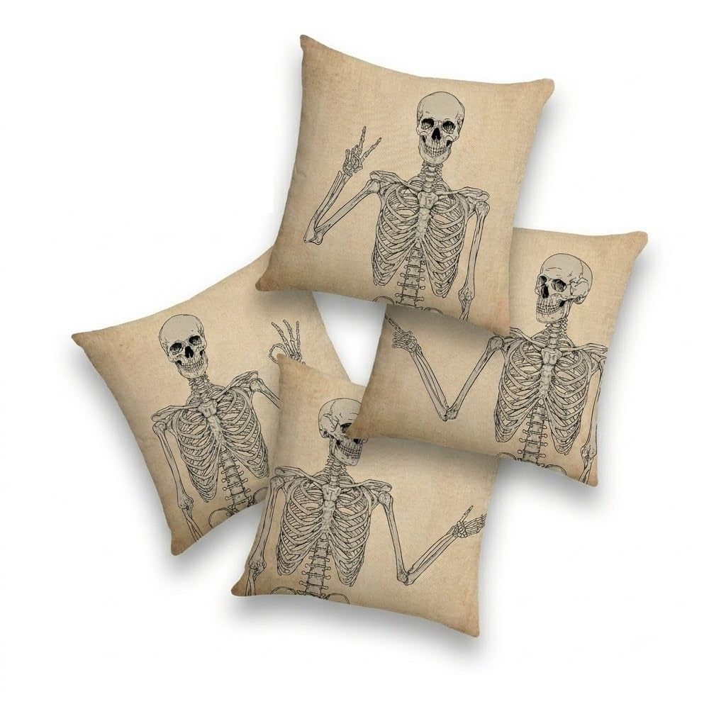 Prk 14 Sand Cushion Covers 4 Pcs Halloween Skeleton Bones Gothic Pillow Throws For Livingroom Bedroom Couples Sofa Horror Scary Pillowcase Set 45 X 45Cm