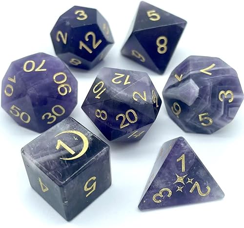 Truewon Juego de 7 dados de piedra hechos a mano para RPG DND hechos por piedras preciosas naturales. (versión 2024 amatista)
