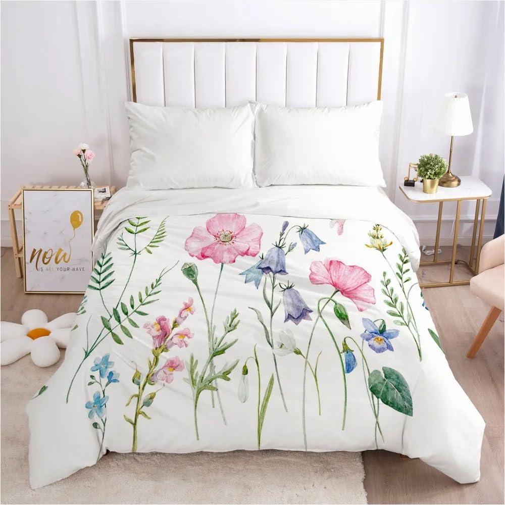 QBIDCSX Super King Size Duvet Cover Aldult Flowers Bedding Set with Zipper Closure Microfiber Soft Breathable Duvet Cover 102.3x86.7 inch + 2 Matching Pillowcases 19x29 inch, for Adults Teenagers