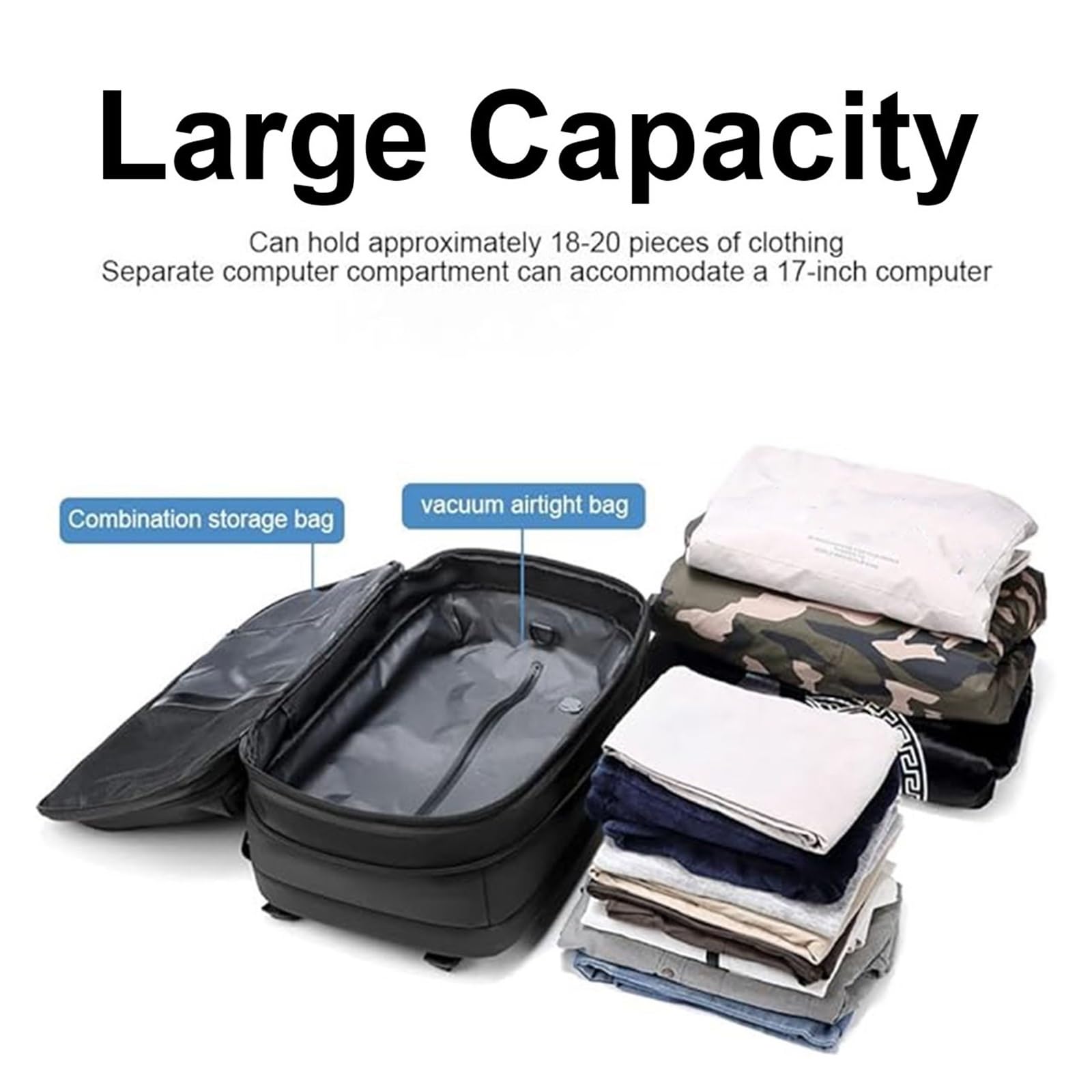 Sac À Dos Airbag avec Système De Vide, Sac À Dos Extensible De 60 L, Compression sous Vide for Hommes, Femmes, Affaires, Aventure en Plein Air(Gray,Manual Press)