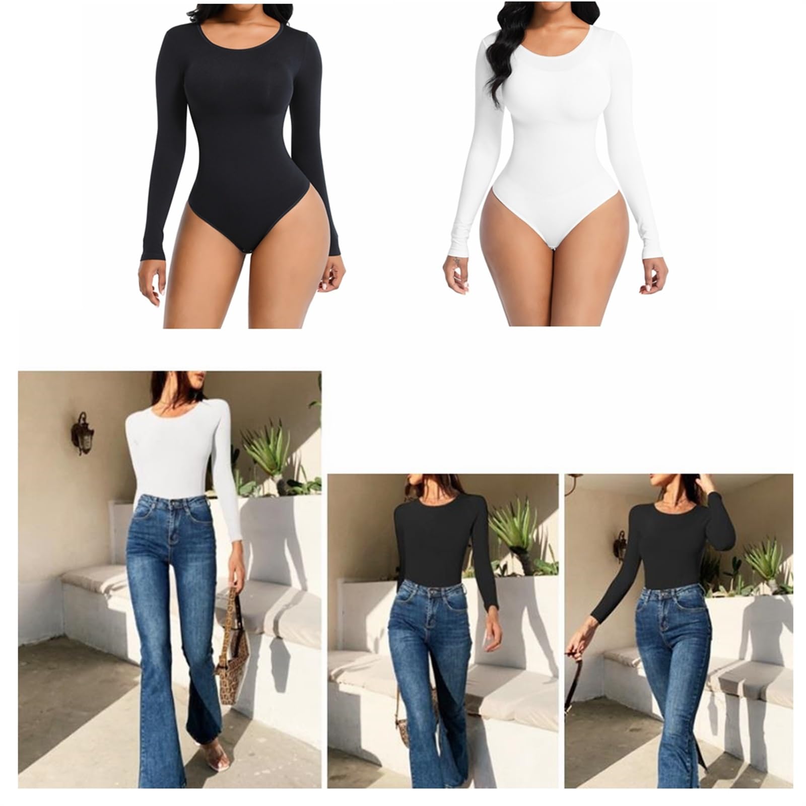 MMRTDJDR Damskie stringi Body wyszczuplają brzuch Bezszwowe kombinezony Bielizna modelująca z długim rękawem Wycięcie pod szyją Casual T-Shirt Topy