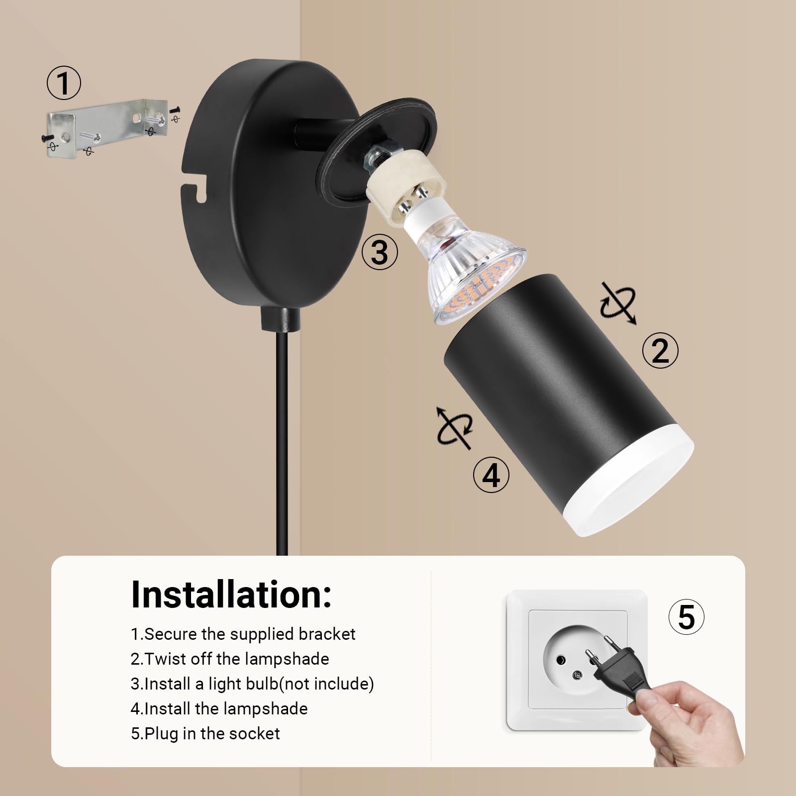 Applique Murale Intérieure avec Interrupteur - GU10 Spot Lampe Mural 7W Moderne Tourner 350° pour Tableau pour Chambre à Coucher Salle de Lecture Placard Cuisine Bureau - Sans Ampoules