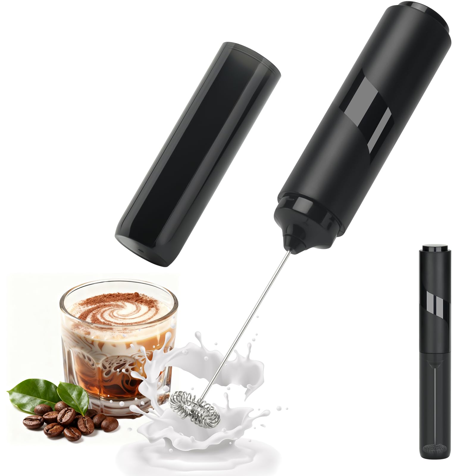 Qeelin Powerful Handheld Milk Frother, Battery-Operated Coffee Frother Wand with Stainless Steel Whisk, 14000RPM Speed Rotation Hand Drink Mixer for Coffee, Cappuccino (Black with Storage Tube)
