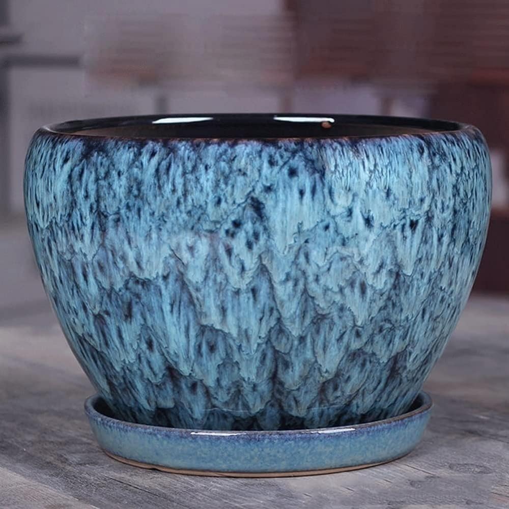 Pots de Fleurs en céramique avec Grain de Pierre Bleue, Pots de Plantes succulentes, Pots de bonsaï avec Plateau, Pots de Plantes Verts de Style Chinois, conteneurs de pl(16 * 12.5CM)