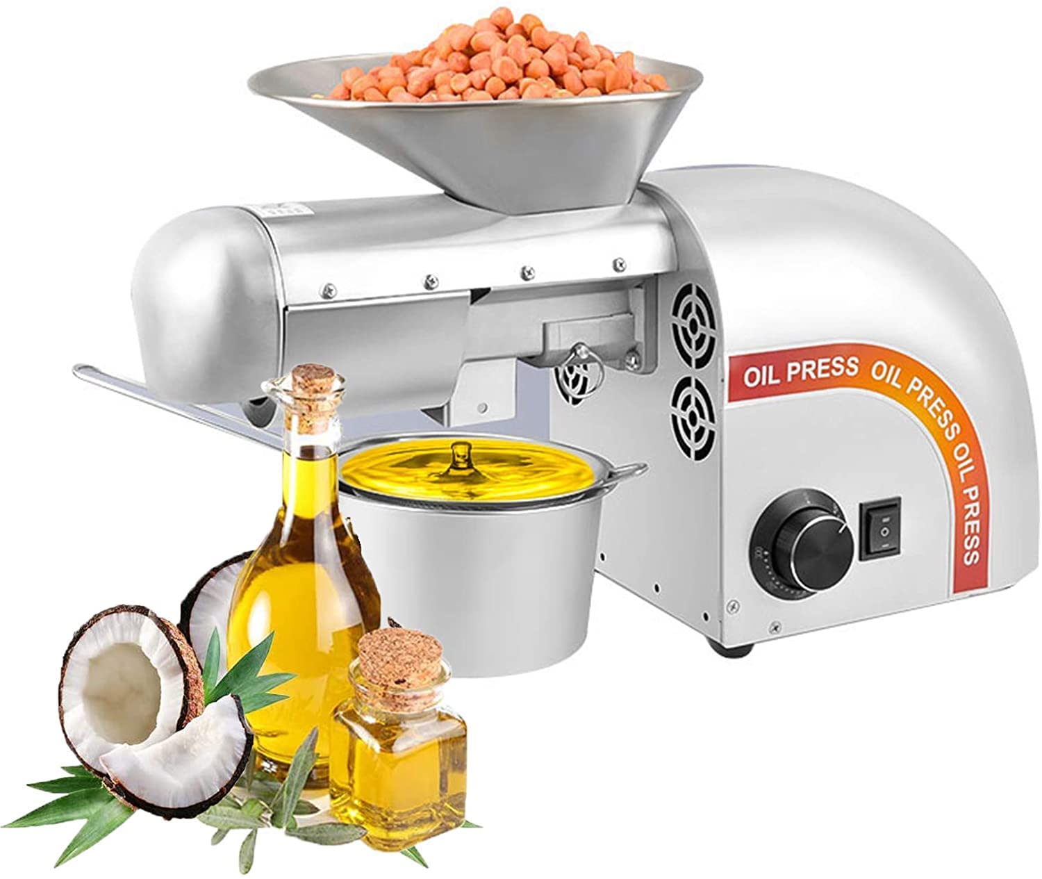 Aserzenith 1 750 W Automatic Oil Press Machine Hot/Cold Oil Presser W/Rotary Temperature Control 304 Stainless Steel Oil Press Machine For Peanut Canola Pecans, Etc
