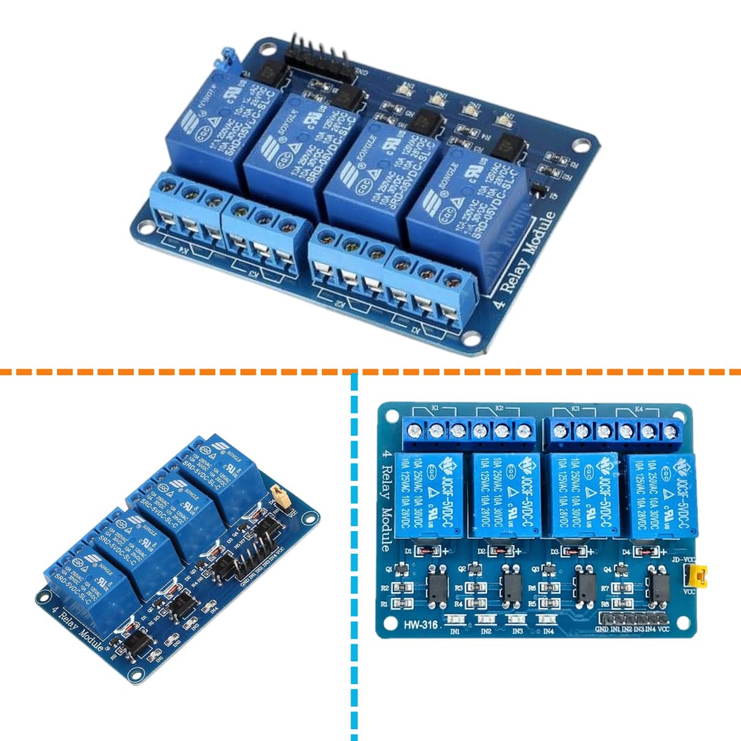 A 4-channel relay module with blue relays and screw terminals