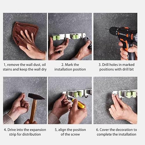 Miniatura 9 de Soporte para escobas de montaje en pared, soporte para trapeador montado en la pared, colgador de escoba de acero inoxidable, estante de