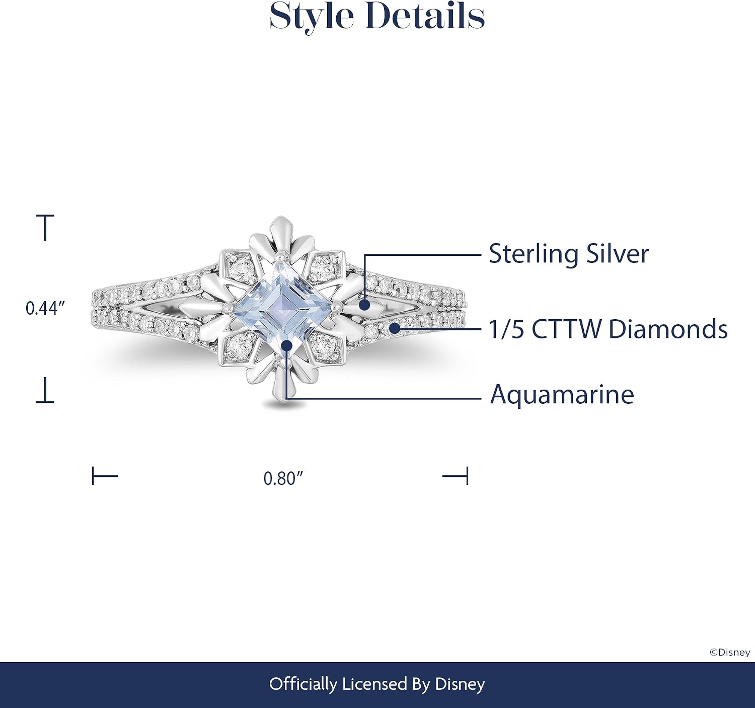 Jewelili Enchanted Disney Fine Jewelry Sterling Silver with 1/5 Cttw Aquamarine Centre Diamond Elsa Snowflake Ring