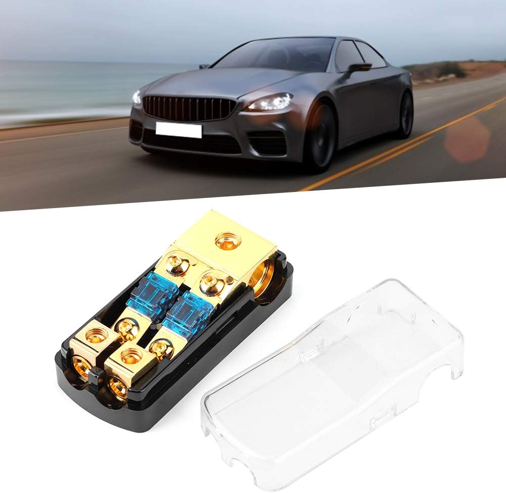ANL Fuse Distribution Block Compact High Performance Copper 2 Way Fit for Mini Holder for Auto Boat Audio System, Gold Copper+ABS, 0/4 Gauge In To 4/8 Gauge Out 60A