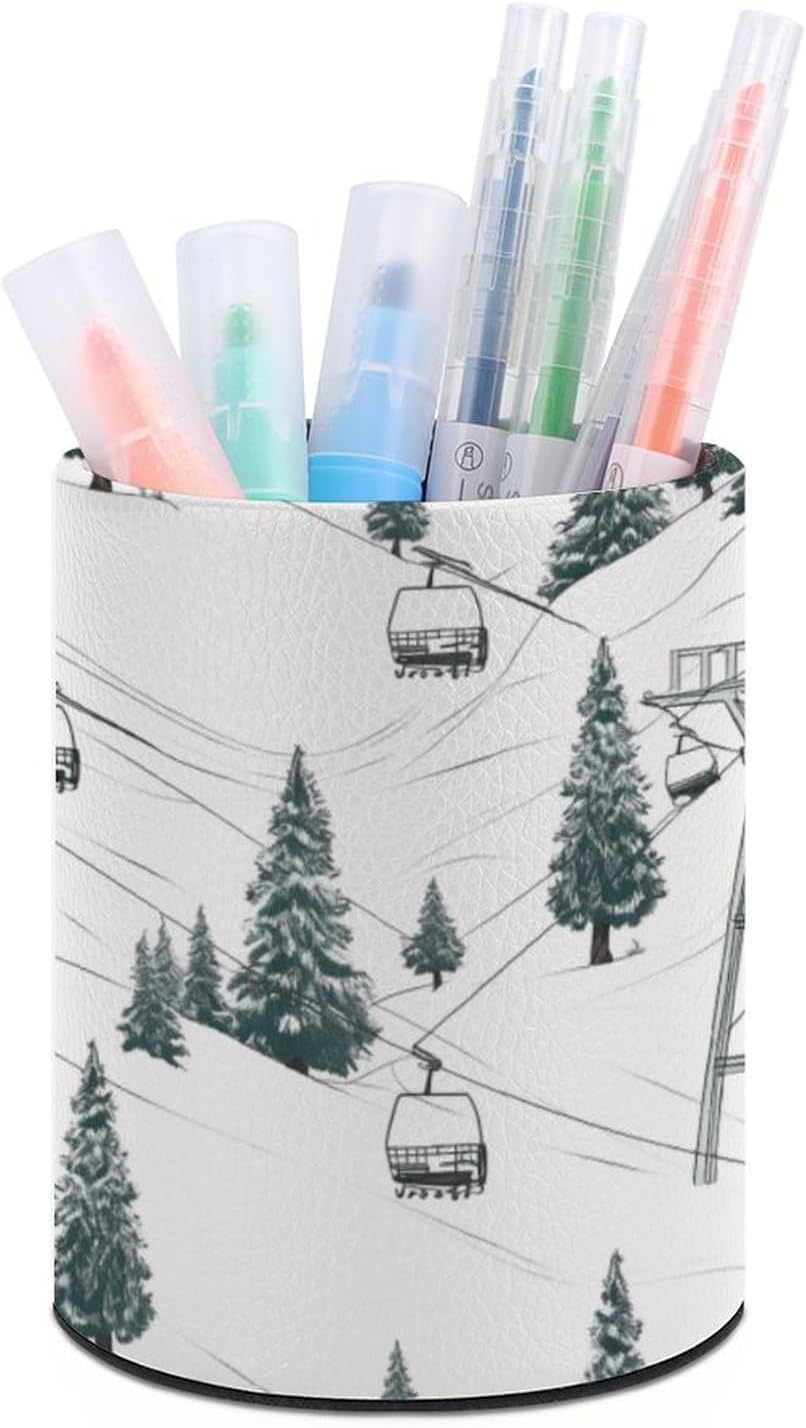 Office Ski Lift With Fir Tree Desk Organizer Pen Holder Round
