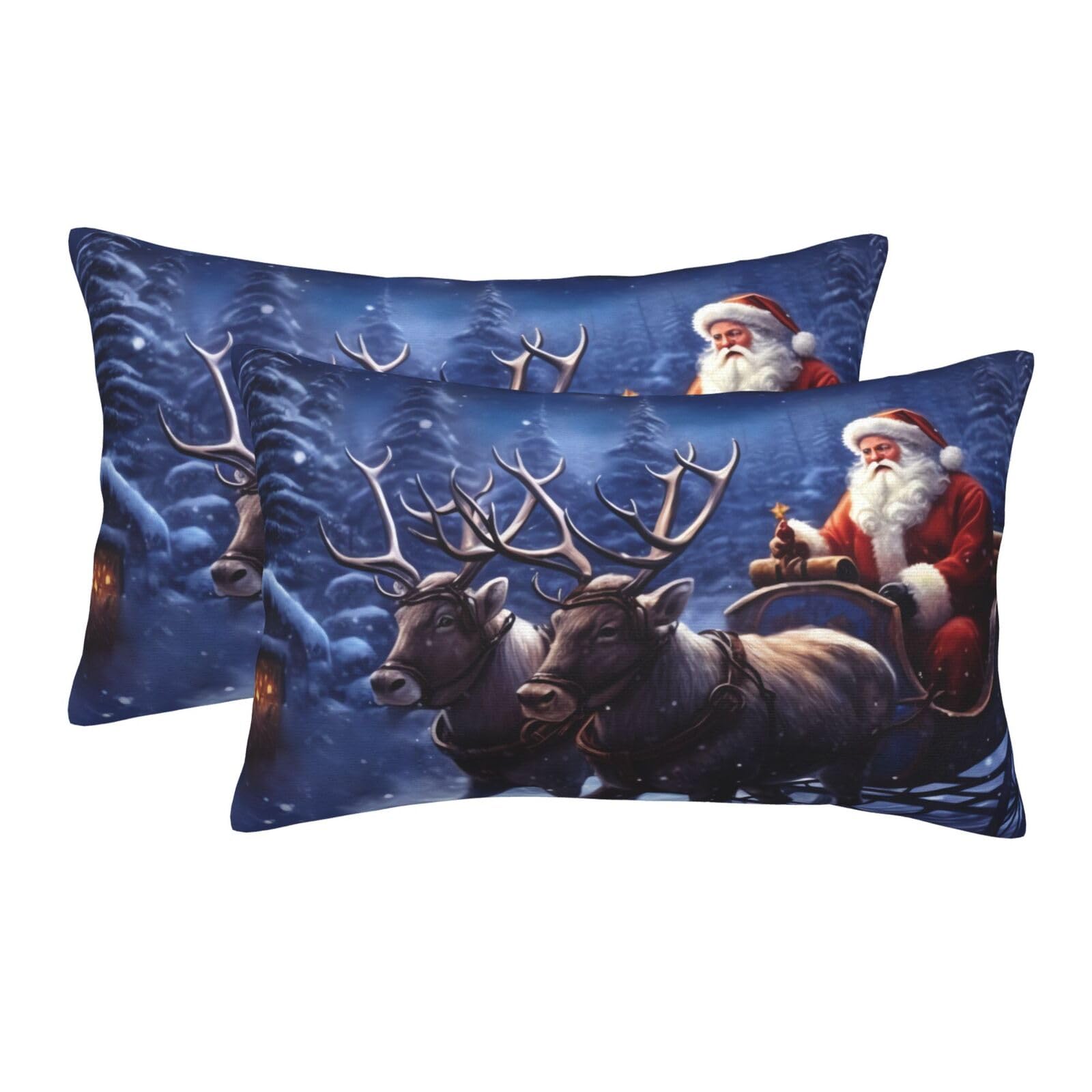 2 Pack Standard Size Pillow Cases for Hair and Skin Soft Breathable Pillow Case Covers with Hidden Zipper Snow Night Santa and Deer Pillowcase 14"x20" Pillow Cover for Sleeping Gift