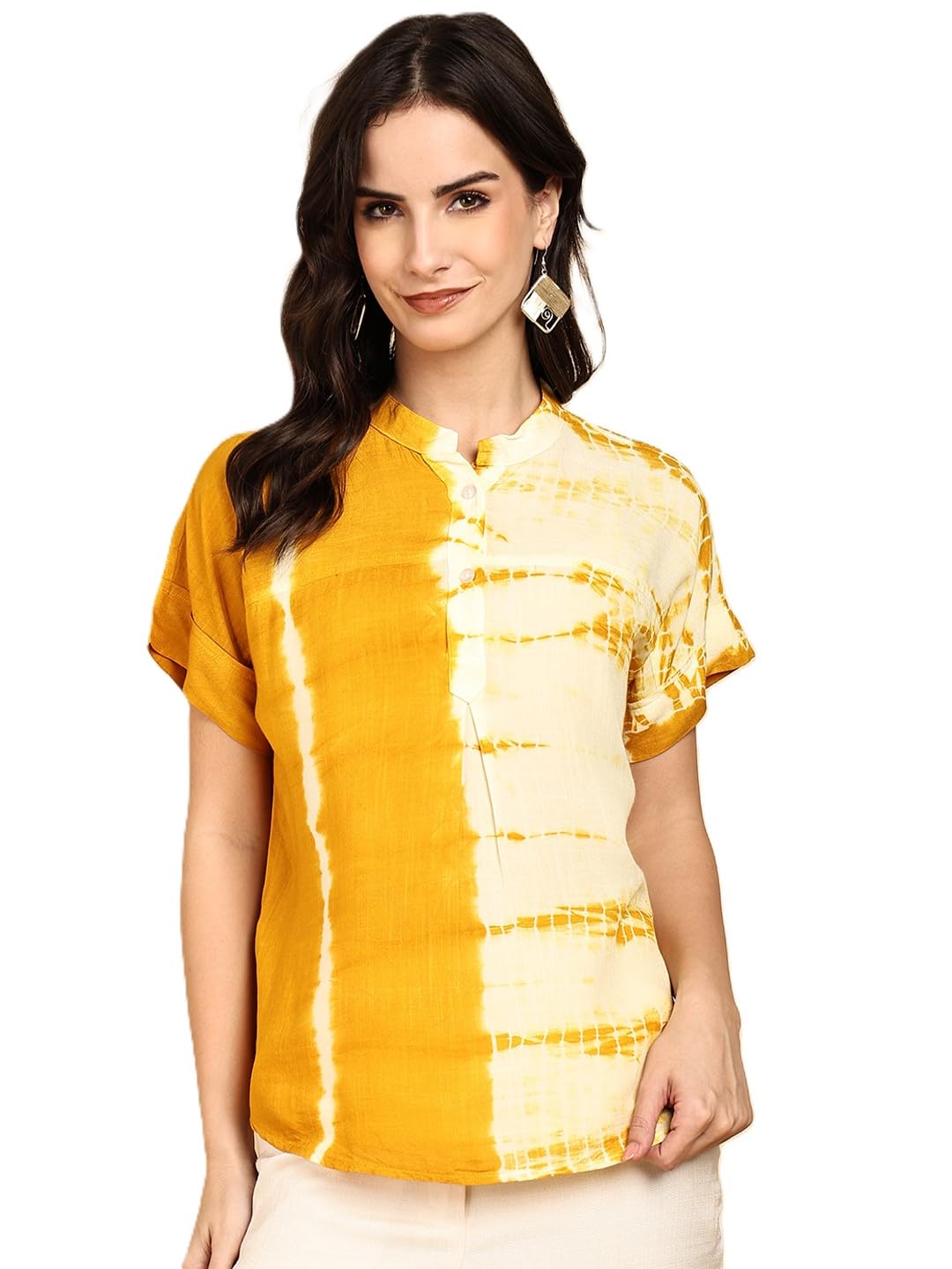 maaesa Women Rayon Slub Tie & Dye Mandarin Short Sleeves Regular Fit Top | Lightweight & Breathable | Casual & Office Wear-picture-43