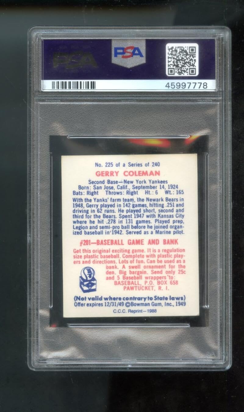 1988 CCC C.C.C. '49 1949 Bowman REPRINT #225 Jerry Coleman Gerry AUTO SIGNED Autograph Autographed Card PSA PSA/DNA Baseball MLB COA Card Collector's Company Collectors