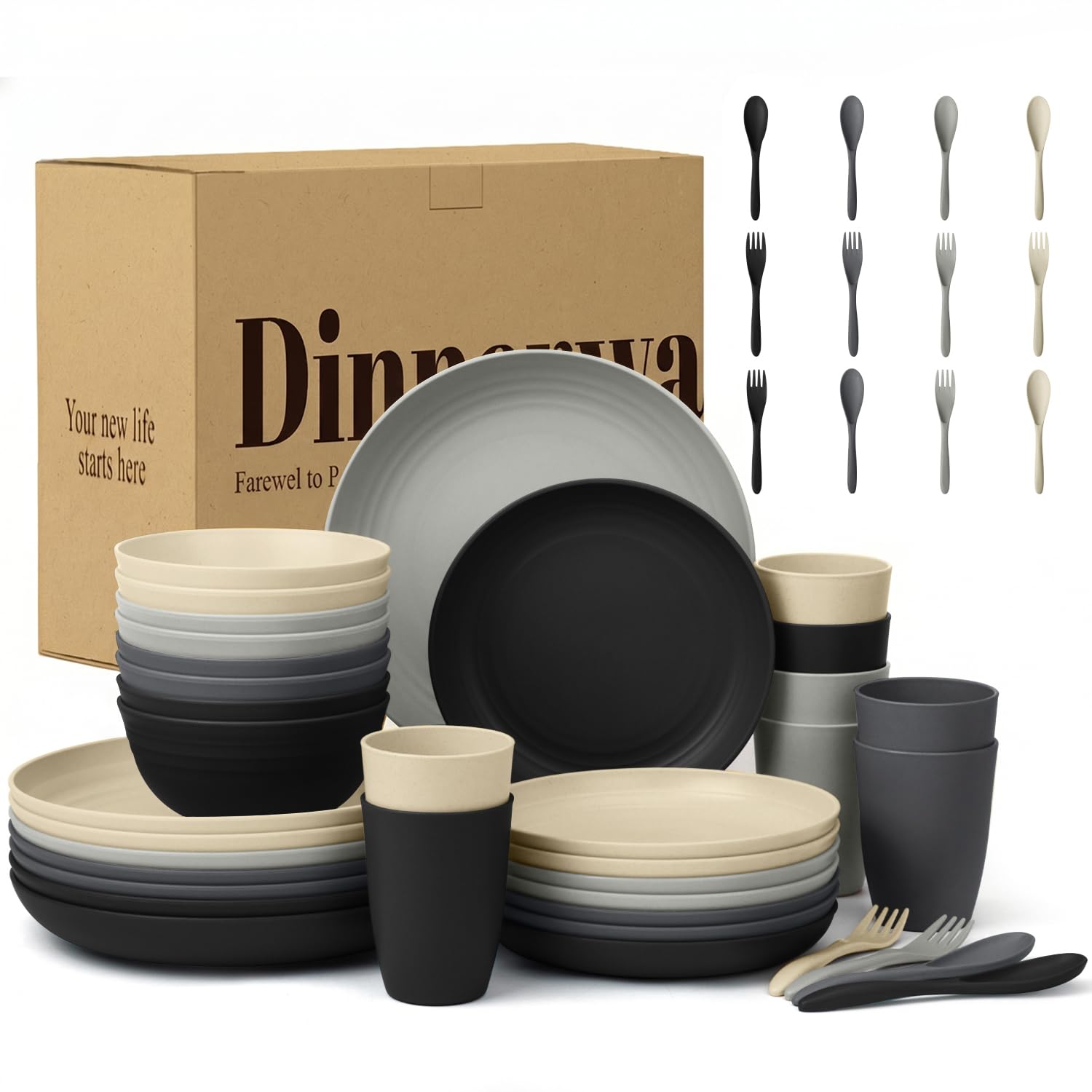 Wrova 48-Piece Plastic Dinner Set with Cups, Bowls, Plates & Cutlery, Service for 8 – Unbreakable Cutlery Set, Microwave & Dishwasher Safe, Ideal for Camping, RV, Picnic - Black&Beige
