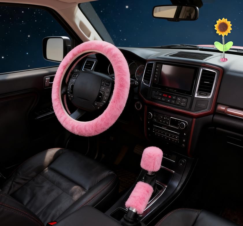 LOLANIUT Lot de 3 housses de volant d'hiver en peluche chaude, universelles pour 35–39 cm, housse de volant de voiture avec couverture de frein à main et de levier de...