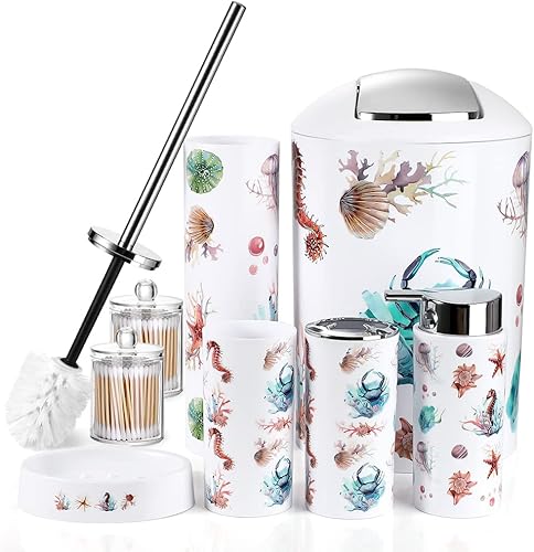 OTOSTAR Juego de accesorios de baño, 8 piezas, juego de accesorios de baño oceánico, juego de baño de lujo con bote de basura, dispensador de jabón,