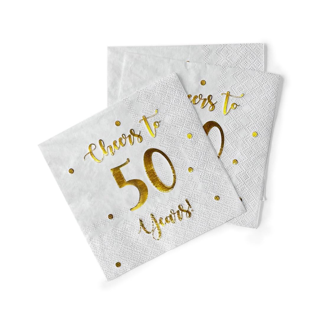 Servilletas de cóctel Cheers to 50 Years | decoraciones de 50 cumpleaños para hombres y mujeres y decoraciones de fiesta de aniversario de boda | 50 servilletas de 3 capas | 5 x 5 pulgadas plegadas
