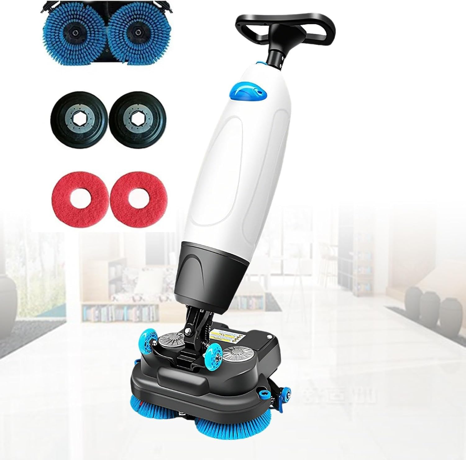 Mini estropajo comercial para pisos, 17 pulgadas, autopropulsado, inalámbrico, con cabezal giratorio de 360° para suelos duros y alfombras, tiempo de funcionamiento de 2 horas, 240 rpm