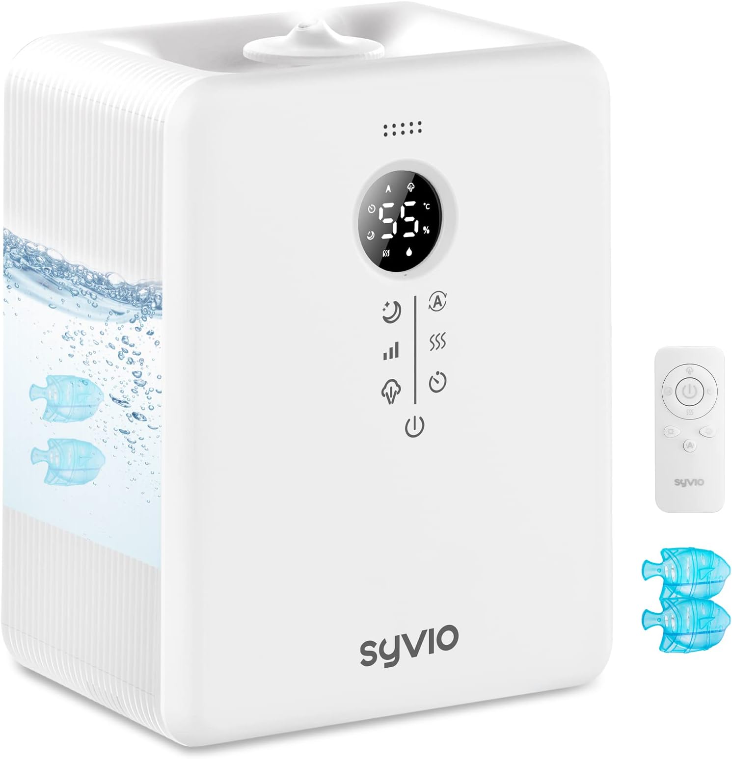 Cool and Warm Mist Humidifiers for Bedroom Large Room, Syvio 6L Top Fill Air Humidifiers for Baby, Plants, Whole House Quick Humidify up to 755 sq.ft, Remote Control, with 1 Fish-Filter, Milky White …