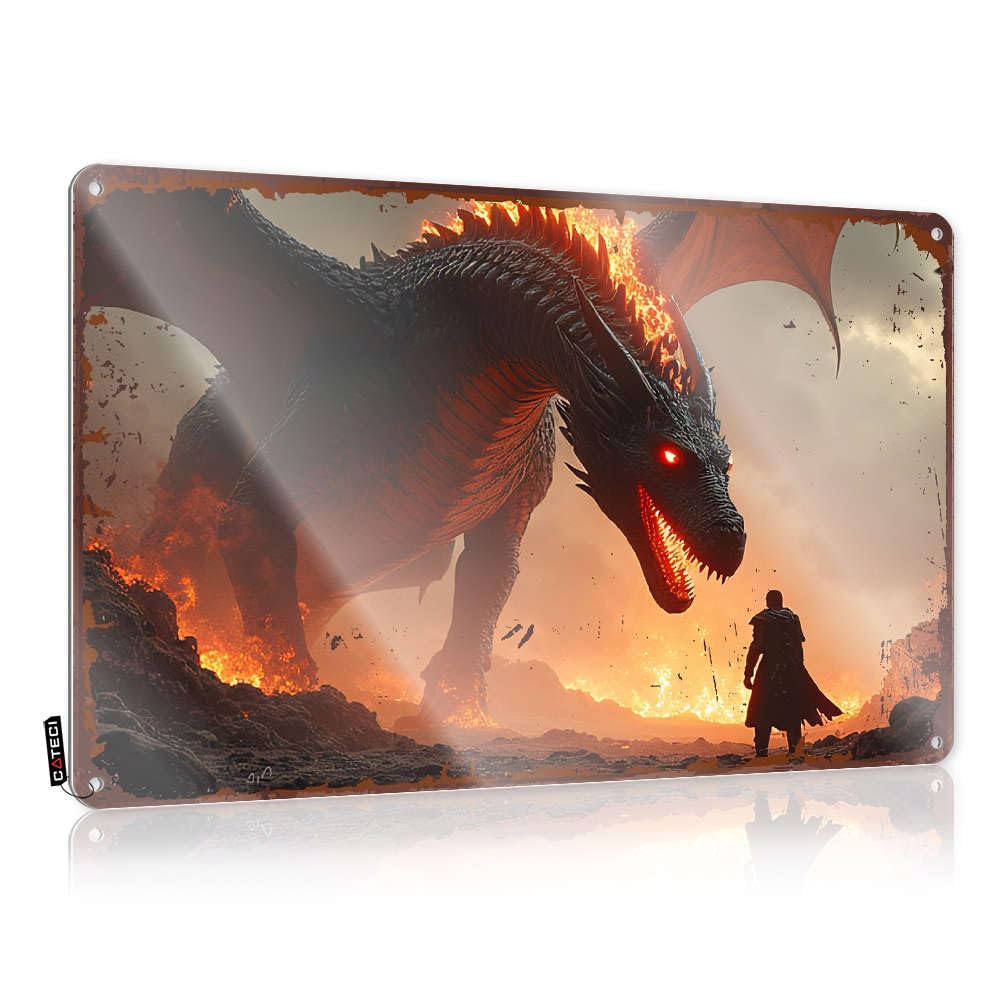 Sujd Colour Awesome Cool Wall Decor Rustic Wall Poster, Hanging Funny Quote Design For Farm Garage | Letters Anti-Rust Metal A Man Confronts A Fiery Dragon(20X30cm)