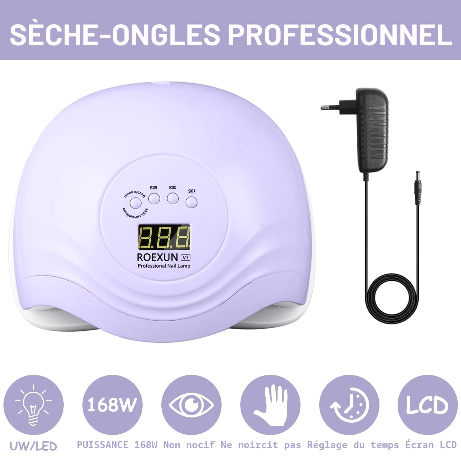 Lampe UV Sèche Ongles,168W Portable UV LED Séchoirs à ongles et lampes UV Automatique,Séchage Rapide 4 Minuterie,avec Capteur Automatique et LCD Ecran Lampe UV Ongles Gel Pour Toutes Les Gels Violet