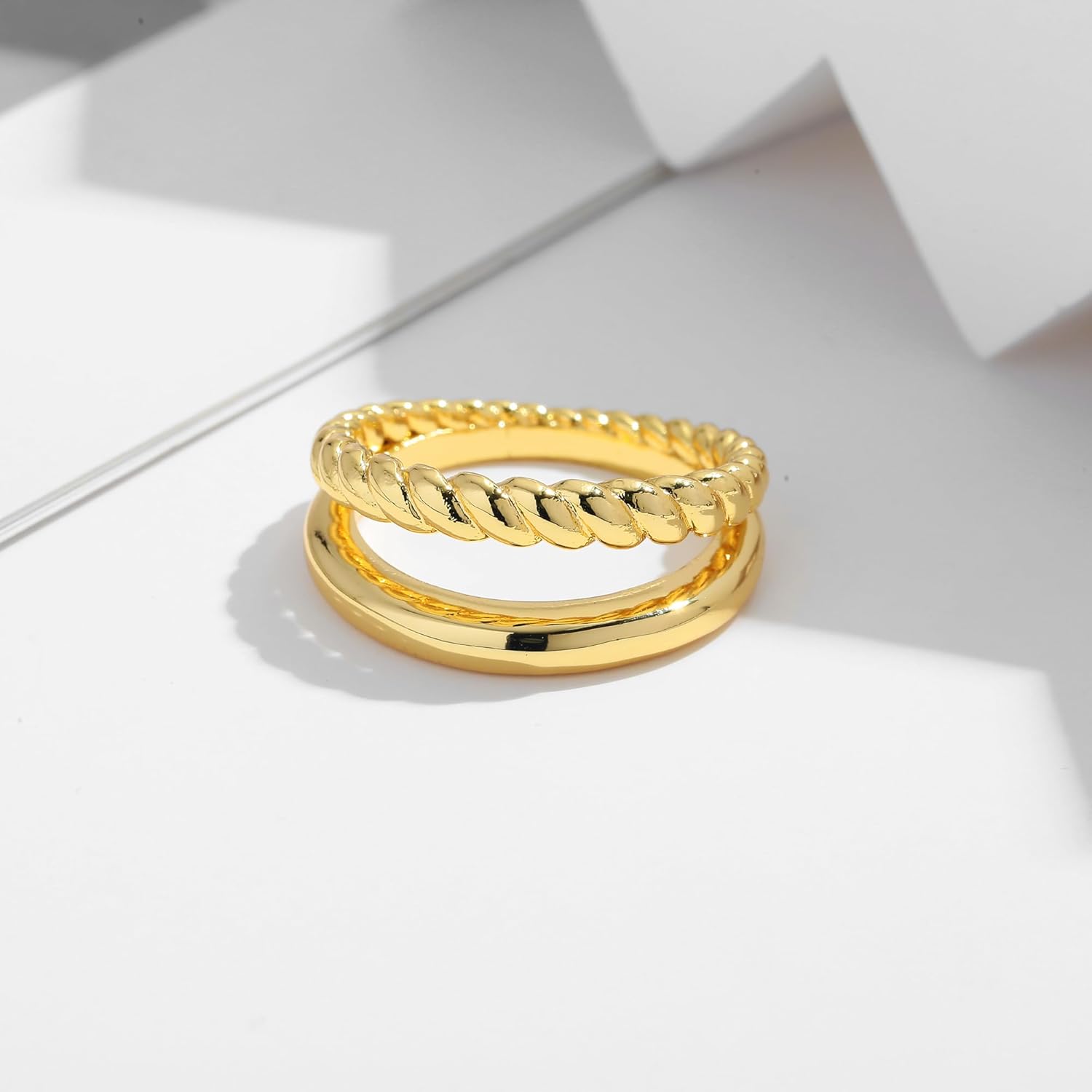 WOWORAMA Chunky Gold Rings for Women Double Layer Statement Ring Trendy Twisted Stackable Rings Double Lines Band Ring Fashion Jewelry Size 7/8/9 - Image 2