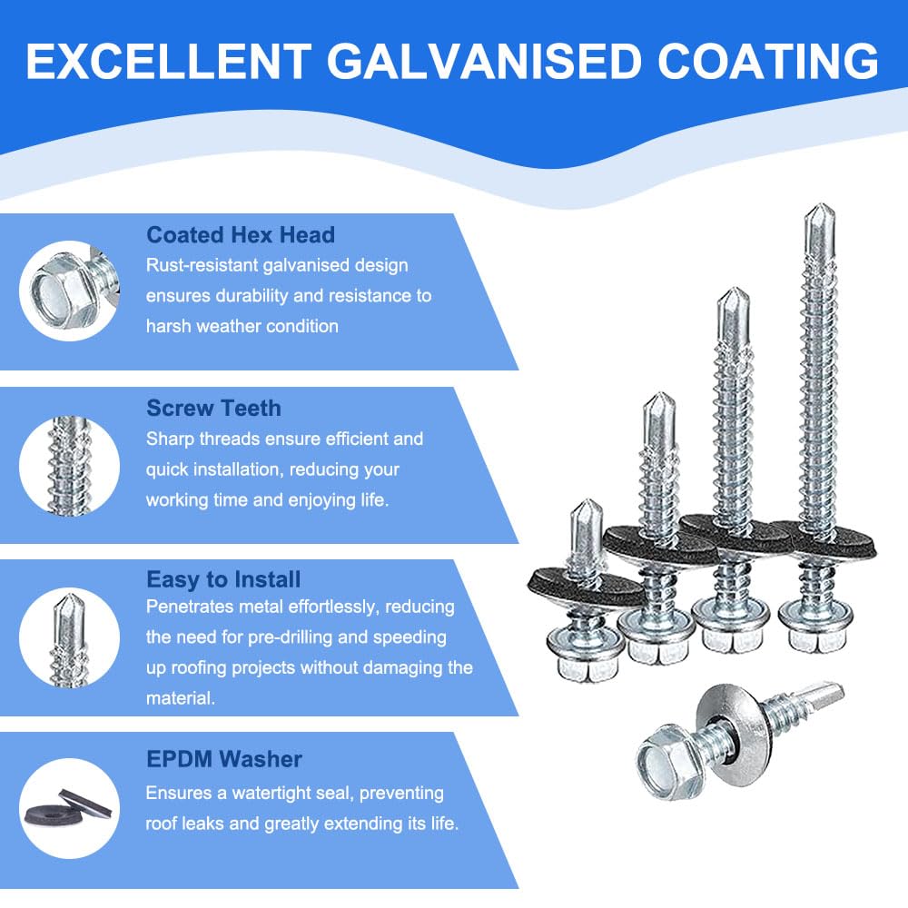 105 Pcs Self Drilling Roofing Screws Set, M5.5 Hex Head Self Tapping Screw with Rubber Sealing Washer & Hex Socket - Image 3