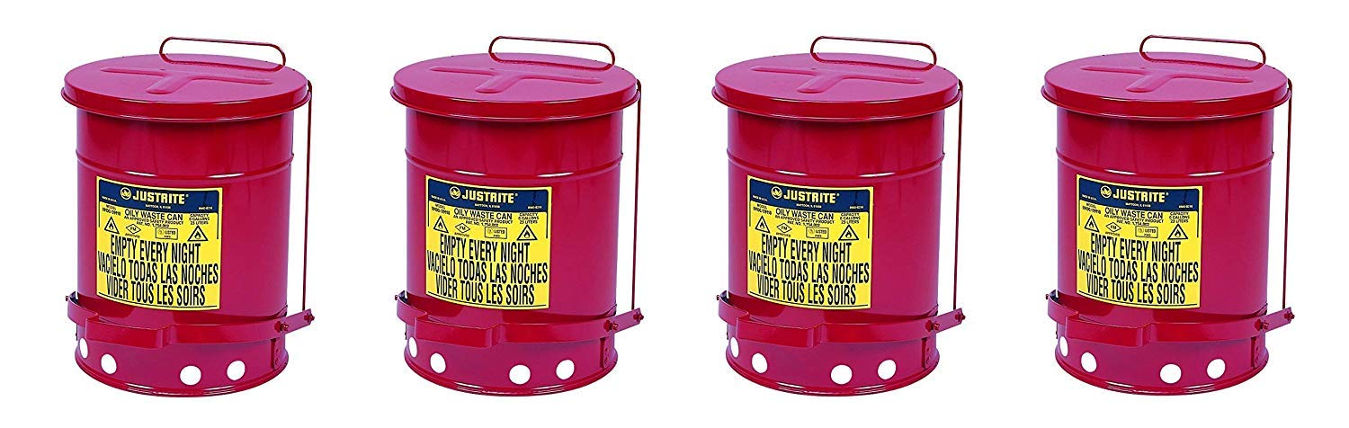 Justrite J09100 09100; Galvanized-Steel; Safety cans; for Oily Waste; Red; Foot Operated Cover; Raised, Ventilated Bottom; Reinforced Ribs; Self-Closing; UL Listed; FM Approved; (23L) (Pack of 4)