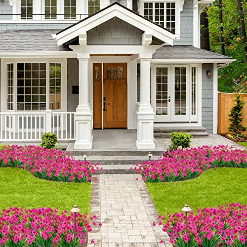 24 Bundles Artificial Flowers For Outdoors Faux Plastic Plants Fake Flowers Uv Resistant Greenery Shrubs For Spring Summer Garden Porch Window Box Home Decor (Rose Red) #TOP6